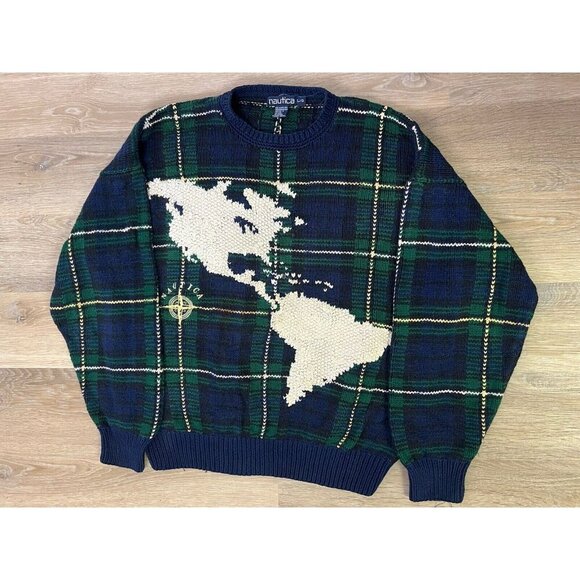 Vintage Nautica America World Map Hand Knit Sweater Navy Men's XL Compass Grid - Picture 1 of 9